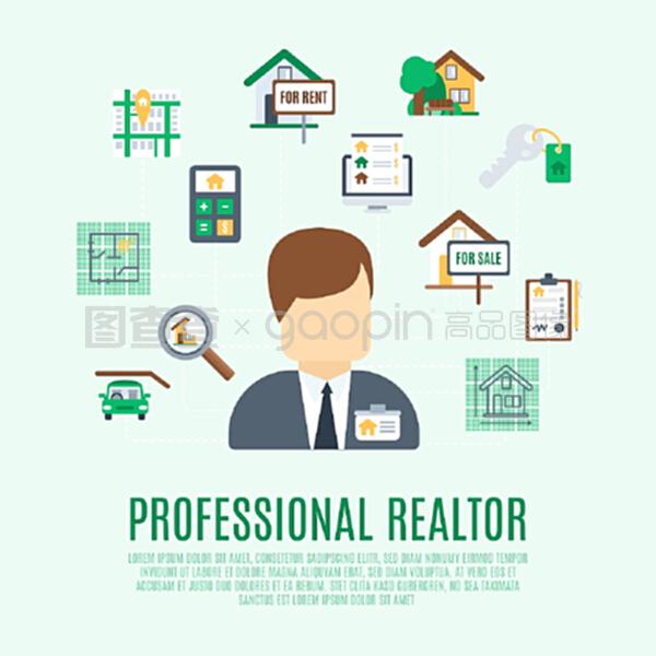 房地產(chǎn)概念與專(zhuān)業(yè)房地產(chǎn)經(jīng)紀(jì)人頭像和房地產(chǎn)符號(hào)矢量插圖。房地產(chǎn)概念